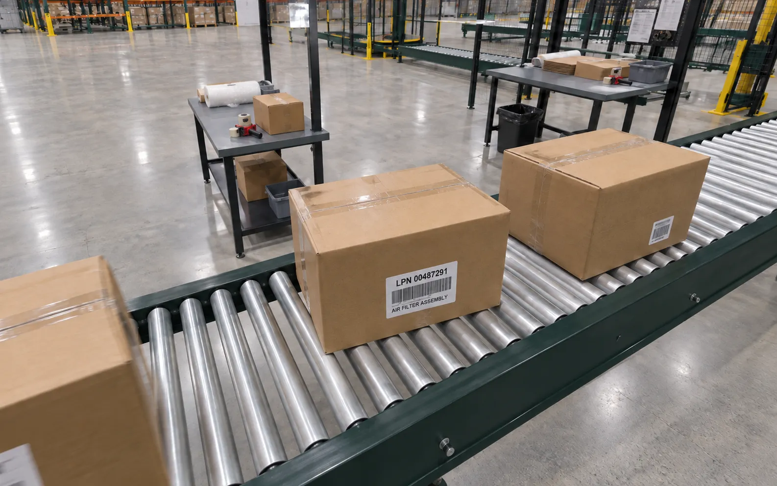 Fixed camera above the side of a narrow roller conveyor looking diagonally down at individual cartons passing the order-preparation benches.