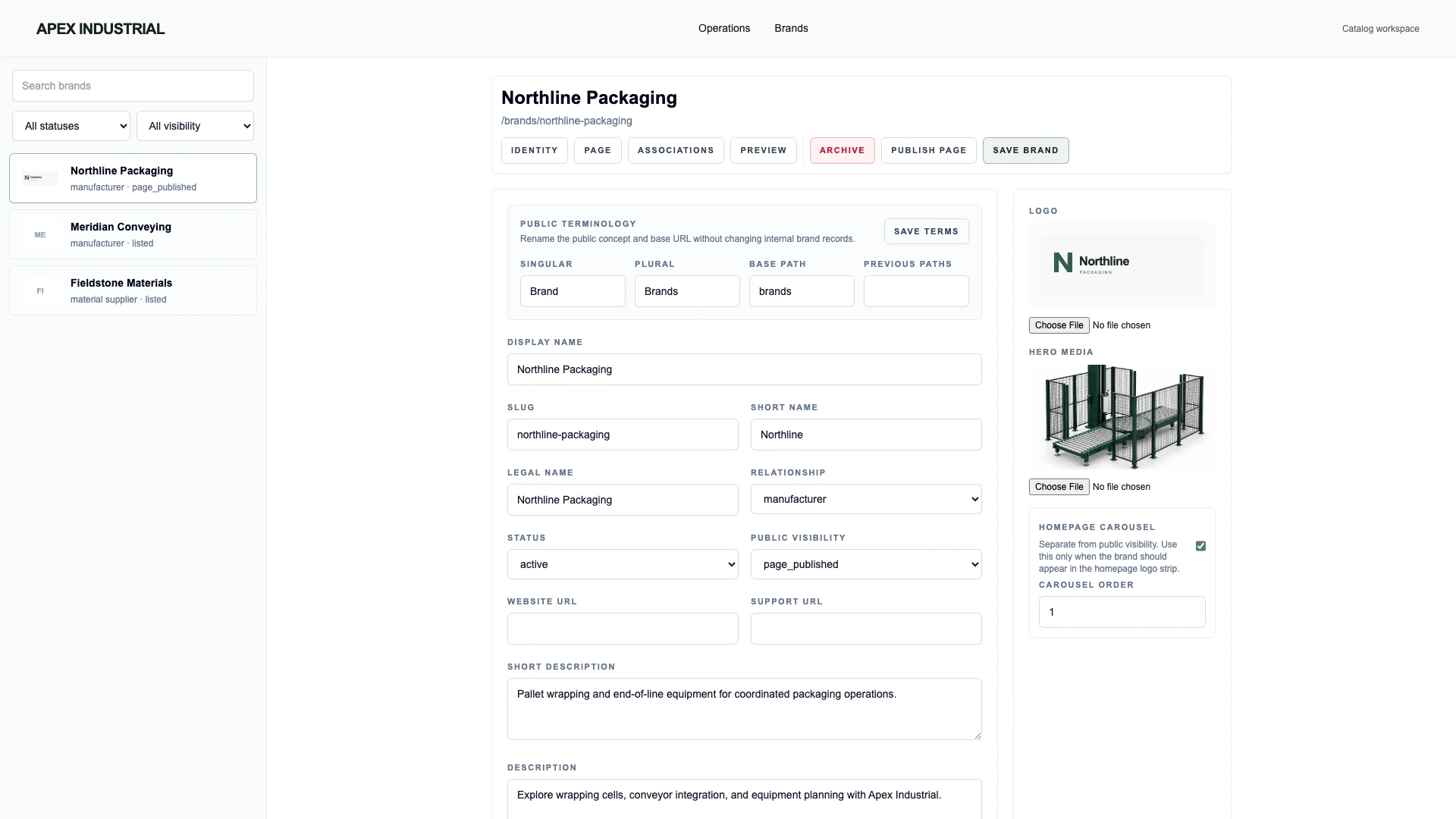 Actual OSPR brand-management workspace showing supplier identity, brand media and publishing controls.