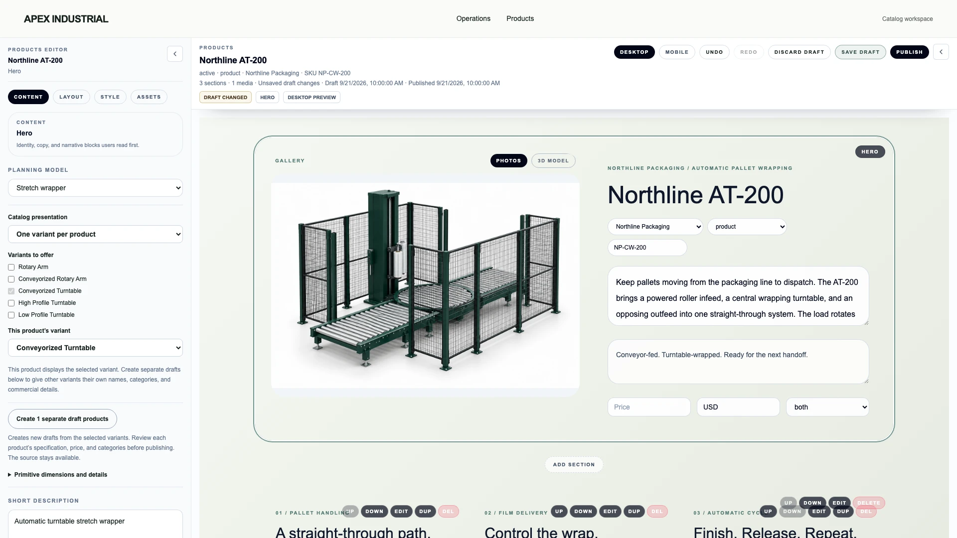 Actual OSPR product editor showing the product’s content controls alongside its customer-facing page preview.