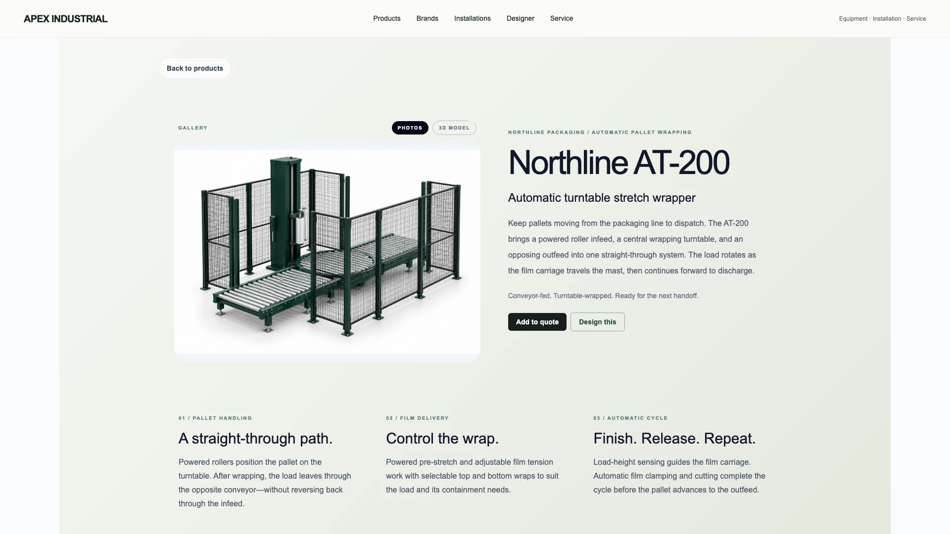 OSPR provider product page with equipment imagery, operating features and quote and design actions.