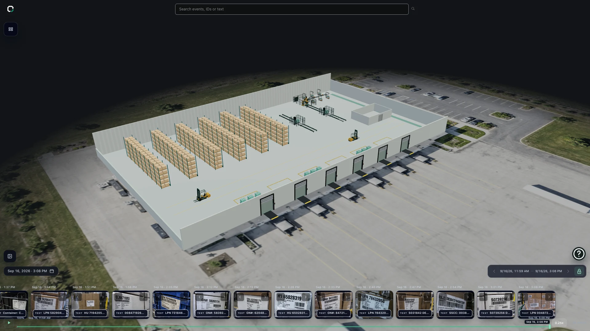 OSPR facility viewer with a warehouse layout, selected observation point and event timeline.