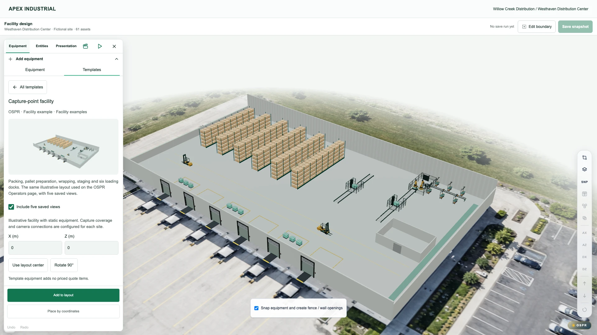 Actual OSPR designer with the Capture-point facility template open over the same Westhaven packing, wrapping, racking and dock layout shown on the Operators page.