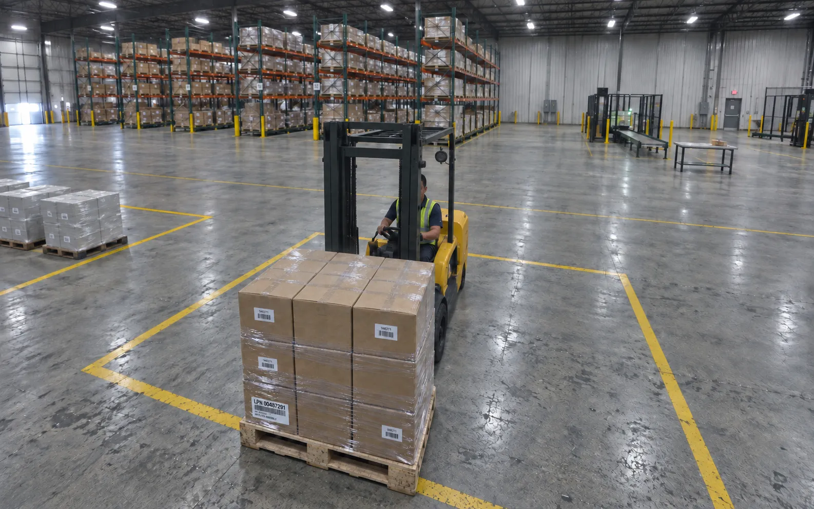 Camera on the same interior column looking across the warehouse floor at the forklift carrying a pallet toward the dock.