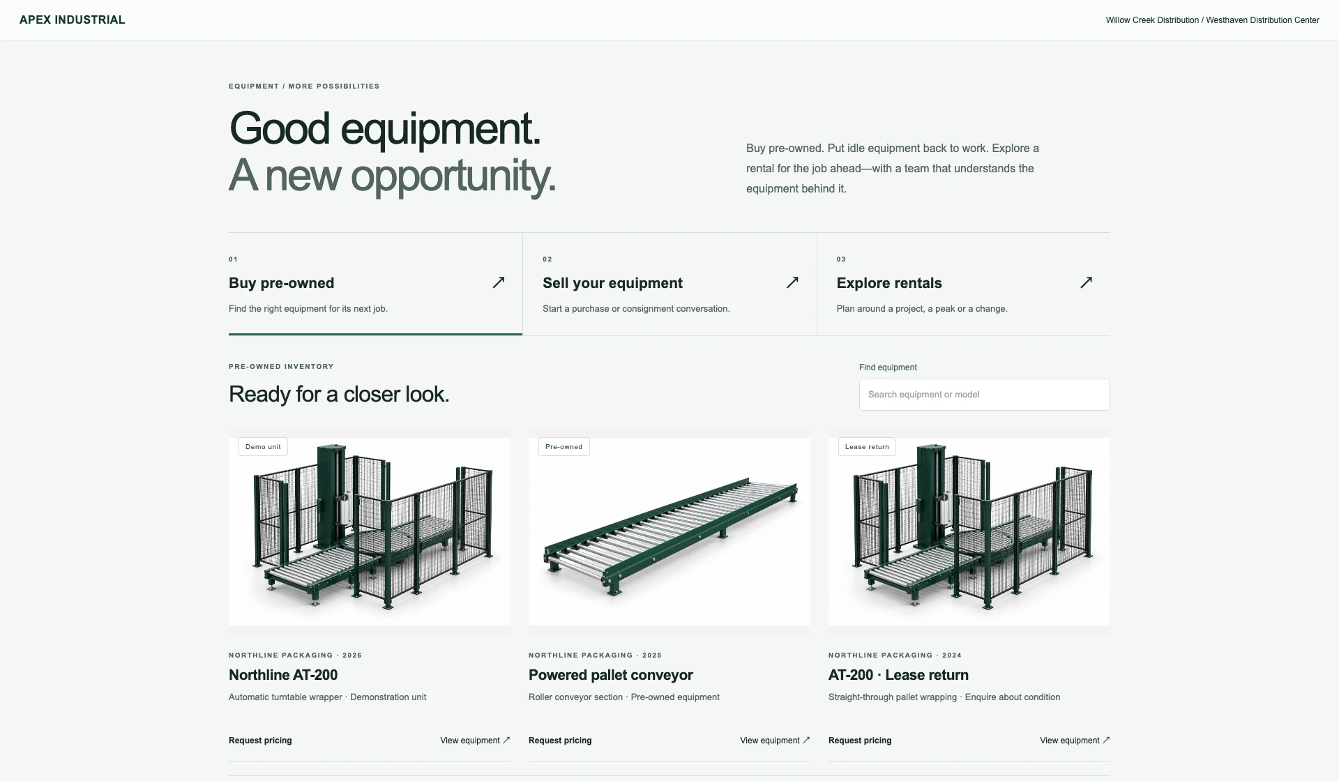 Actual Apex Industrial equipment exchange with Buy, Sell and Rent paths and pre-owned, demo and lease-return equipment.