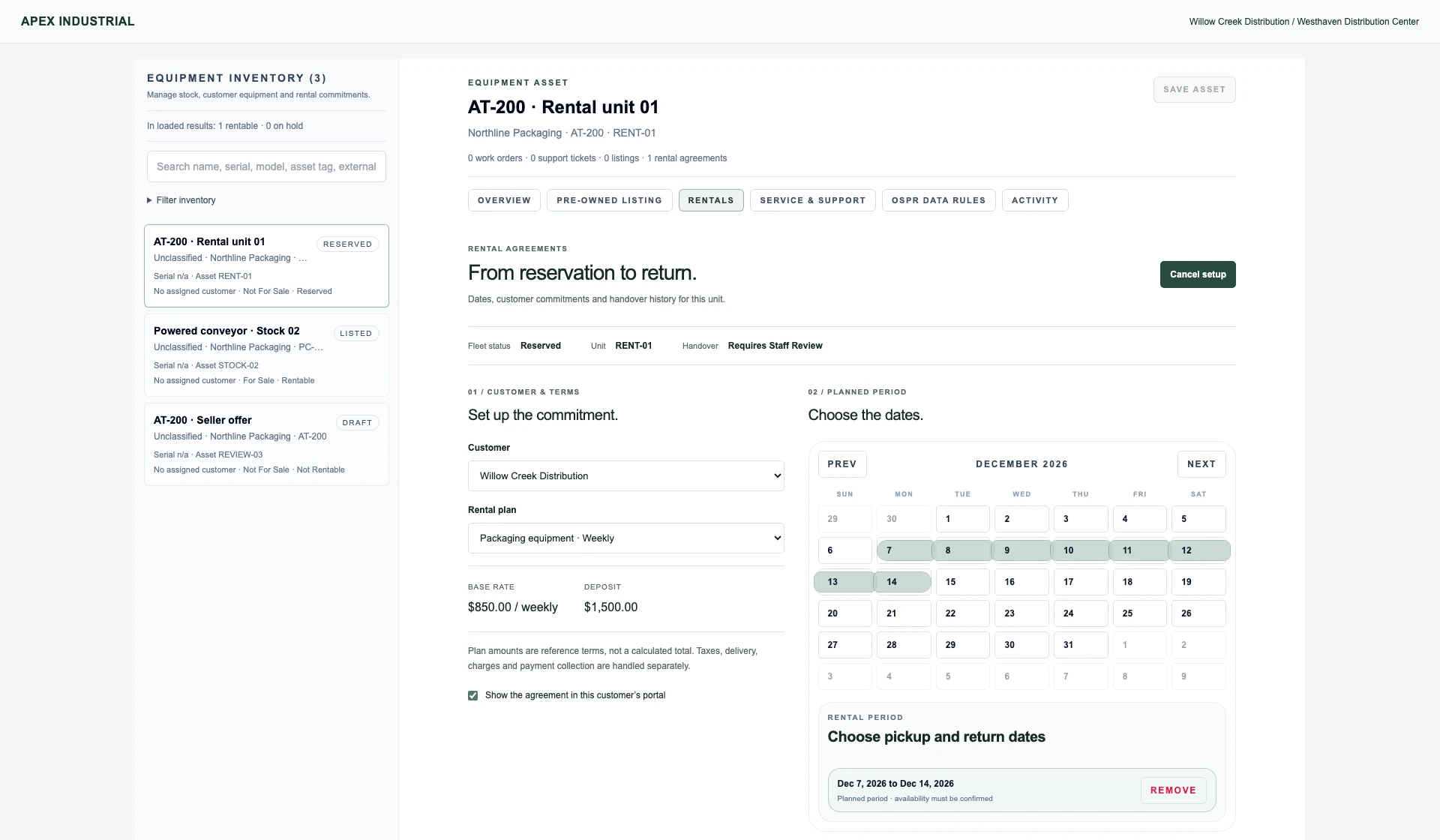 Actual OSPR rental planner with a customer and plan selector, shared date-range calendar, pickup and return fields, and a required staff review confirmation.