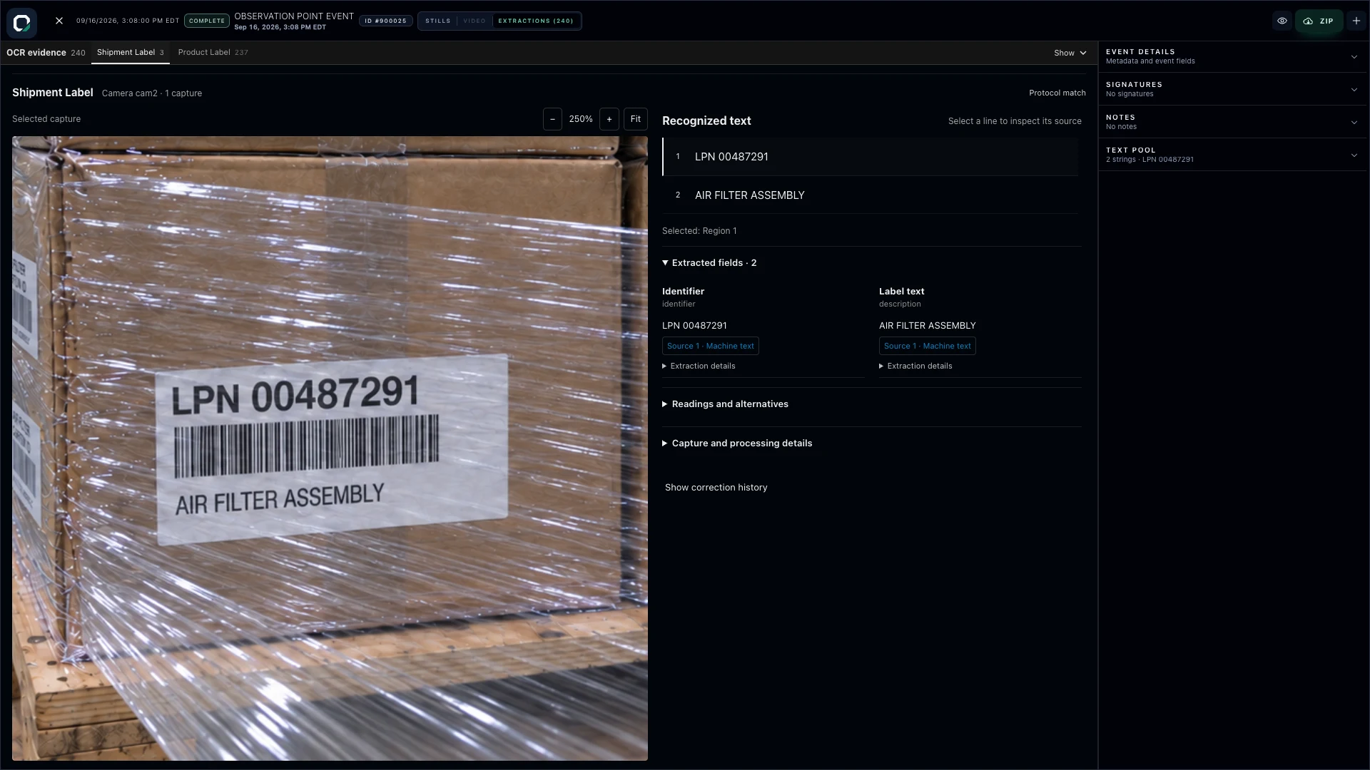 OSPR label review with a shipment label beside its extracted text for comparison.