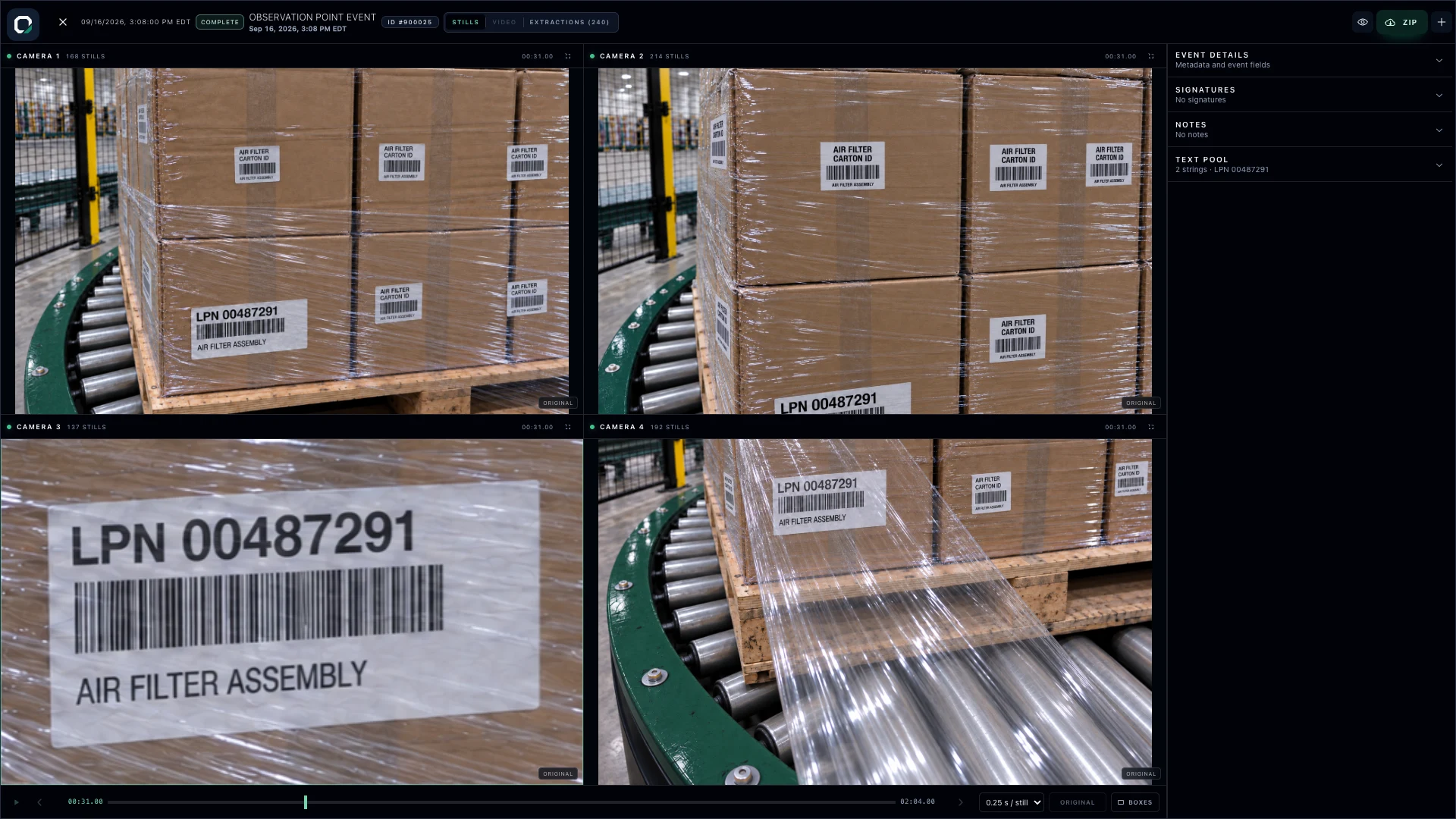 OSPR event media with four upper and lower camera views of a pallet, three full views and Camera 3 enlarged onto the shipment label.