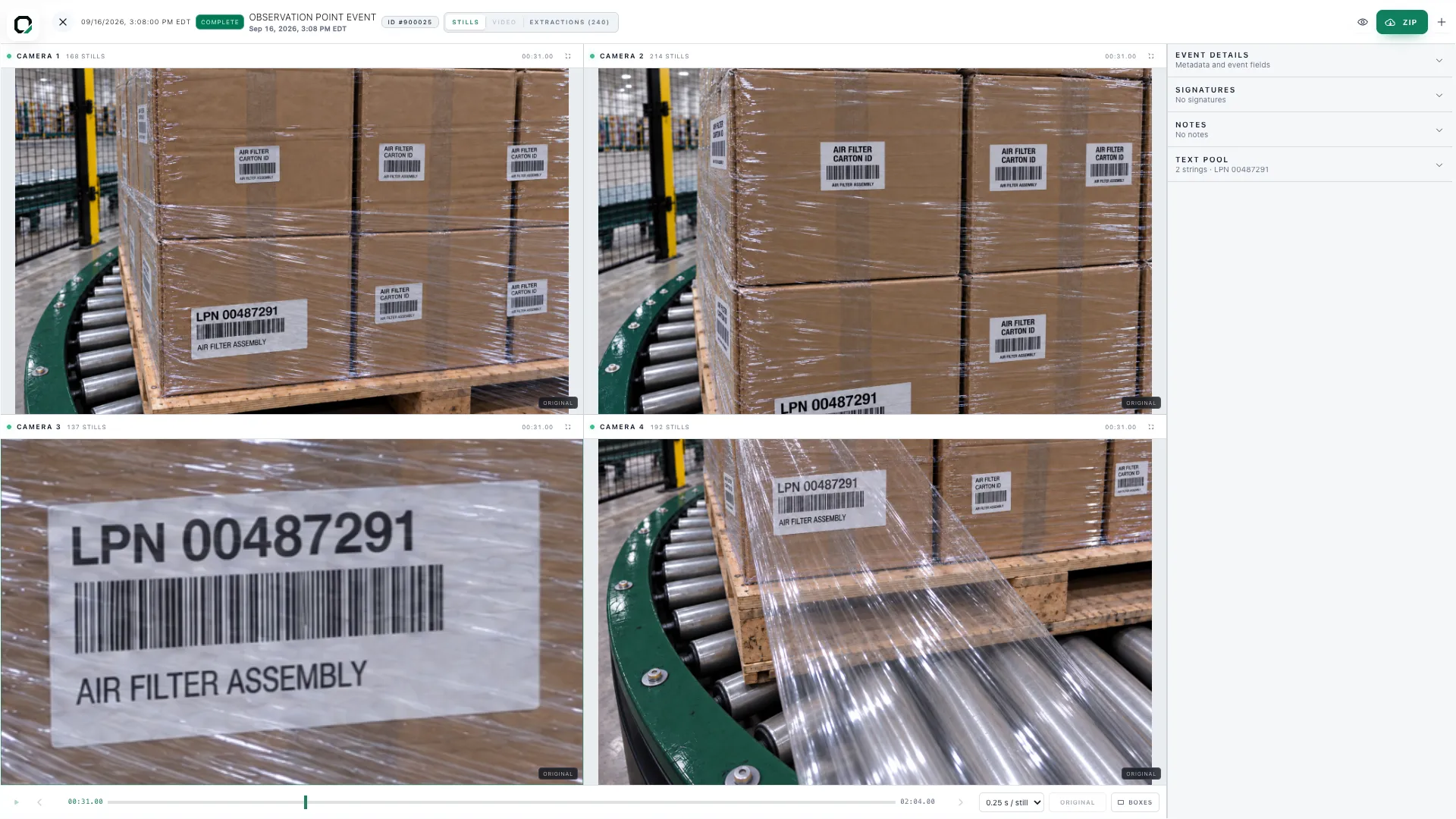 Actual OSPR operator event viewer with four retained carriage-camera views of a pallet on the central turntable and a shared event timeline.