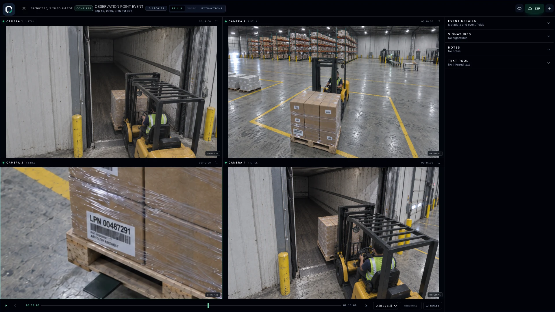 OSPR loading event with four building-mounted camera views of a forklift and its pallet. Different event offsets are shown; Camera 3 is enlarged.