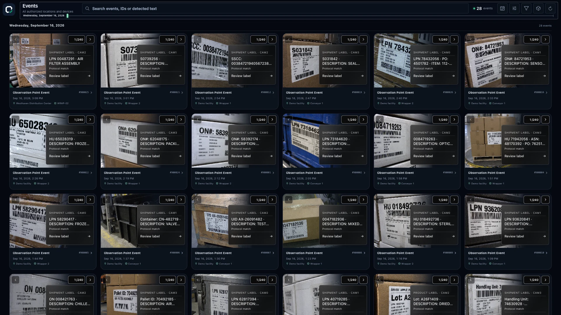 OSPR event history with searchable identifiers, observation points, timestamps and camera previews.