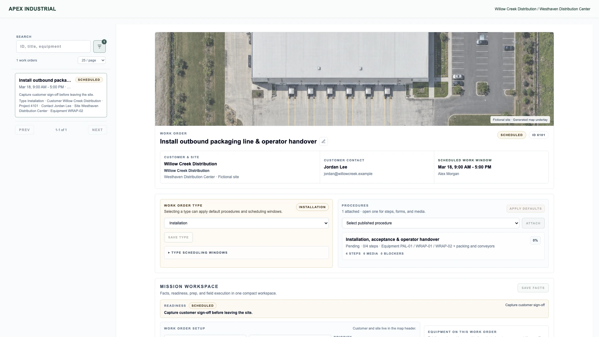 OSPR installation work order showing the site, technician schedule and installation acceptance procedure.