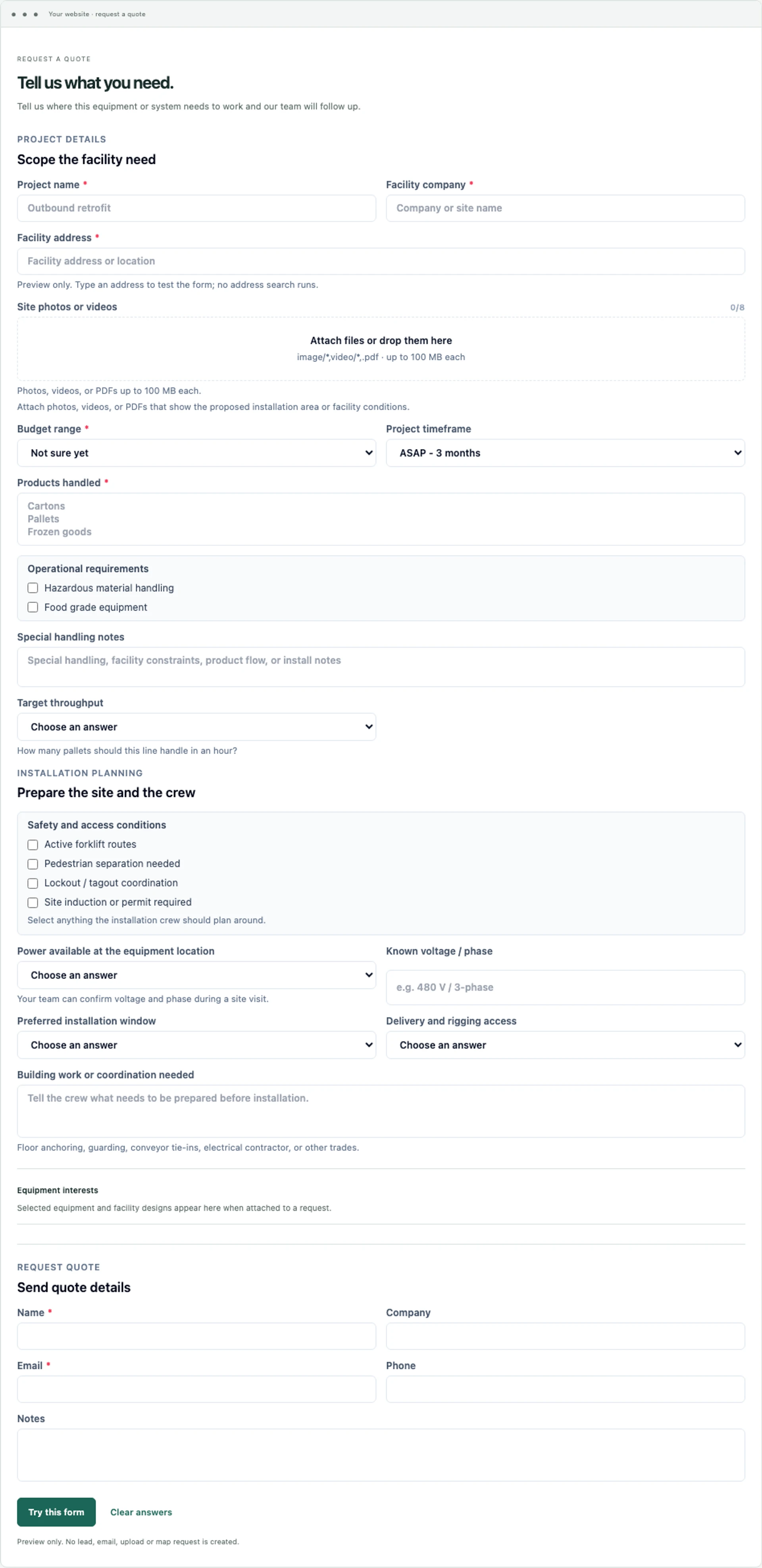 Actual OSPR customer form controls with project details, configured equipment and site-readiness questions, and contact fields.