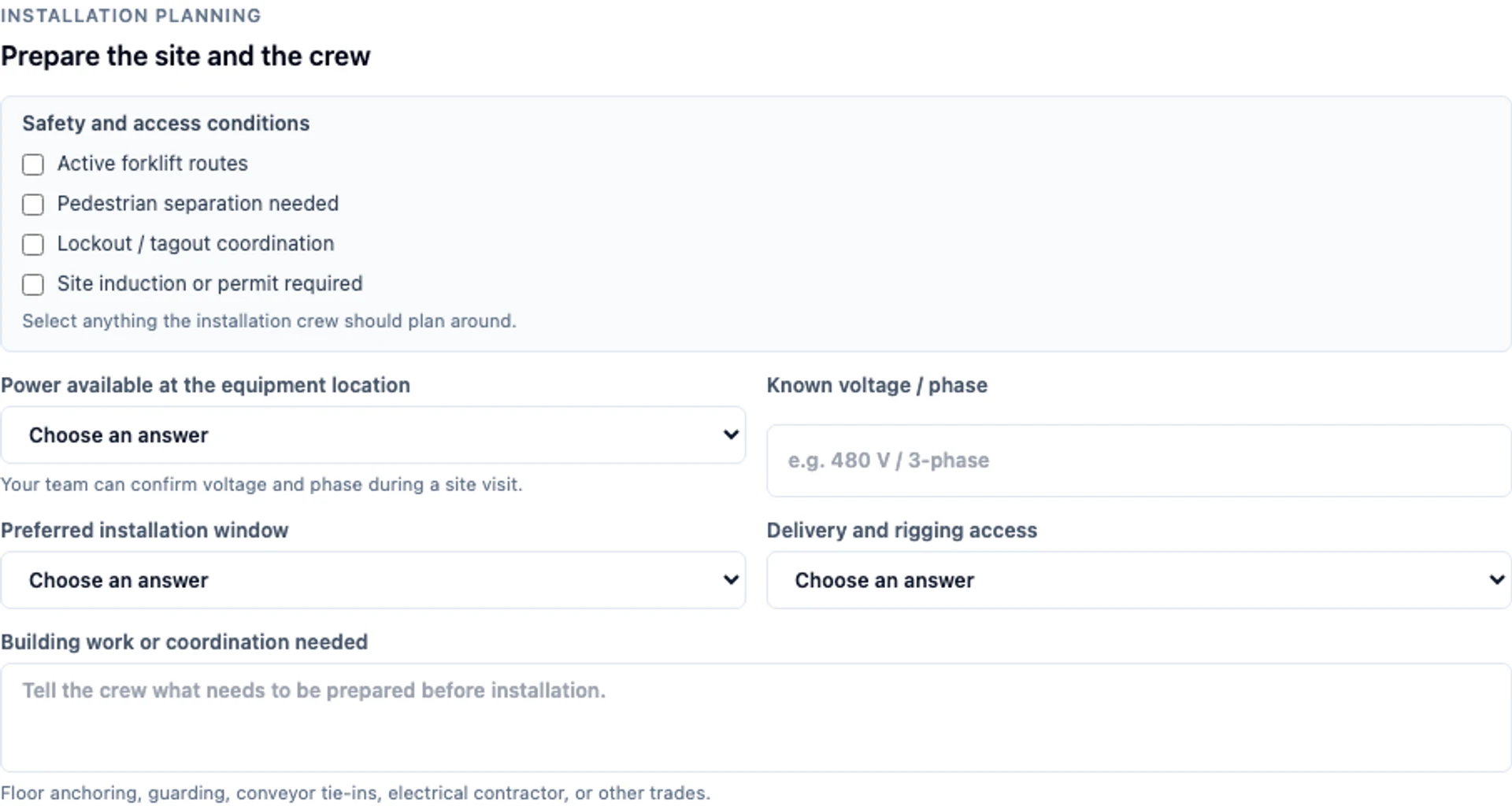 Actual OSPR customer form preview of configured site-readiness questions covering safety, power, rigging access and building work.