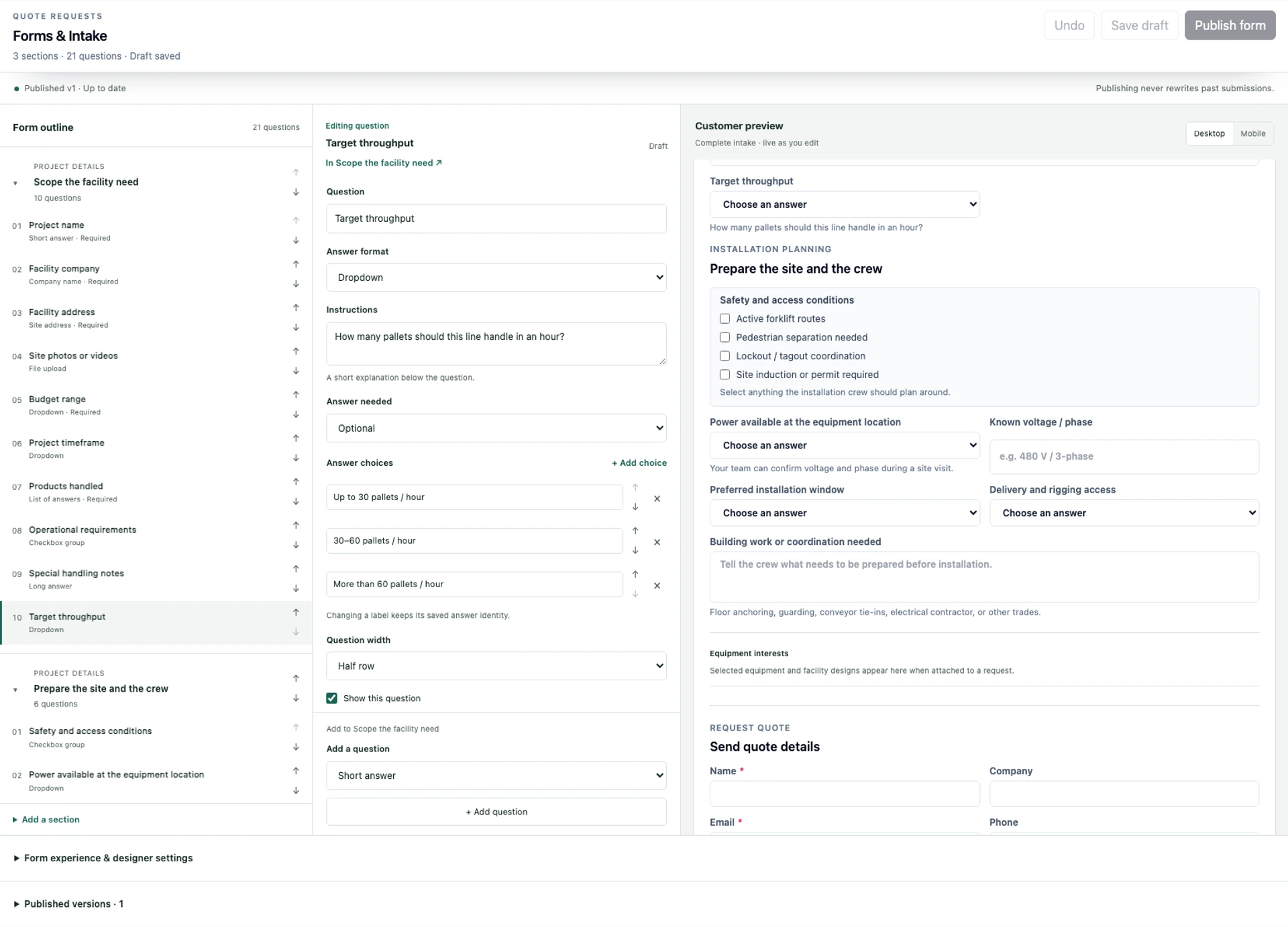 Actual OSPR Forms & Intake editor with Target throughput selected and the interactive customer preview.
