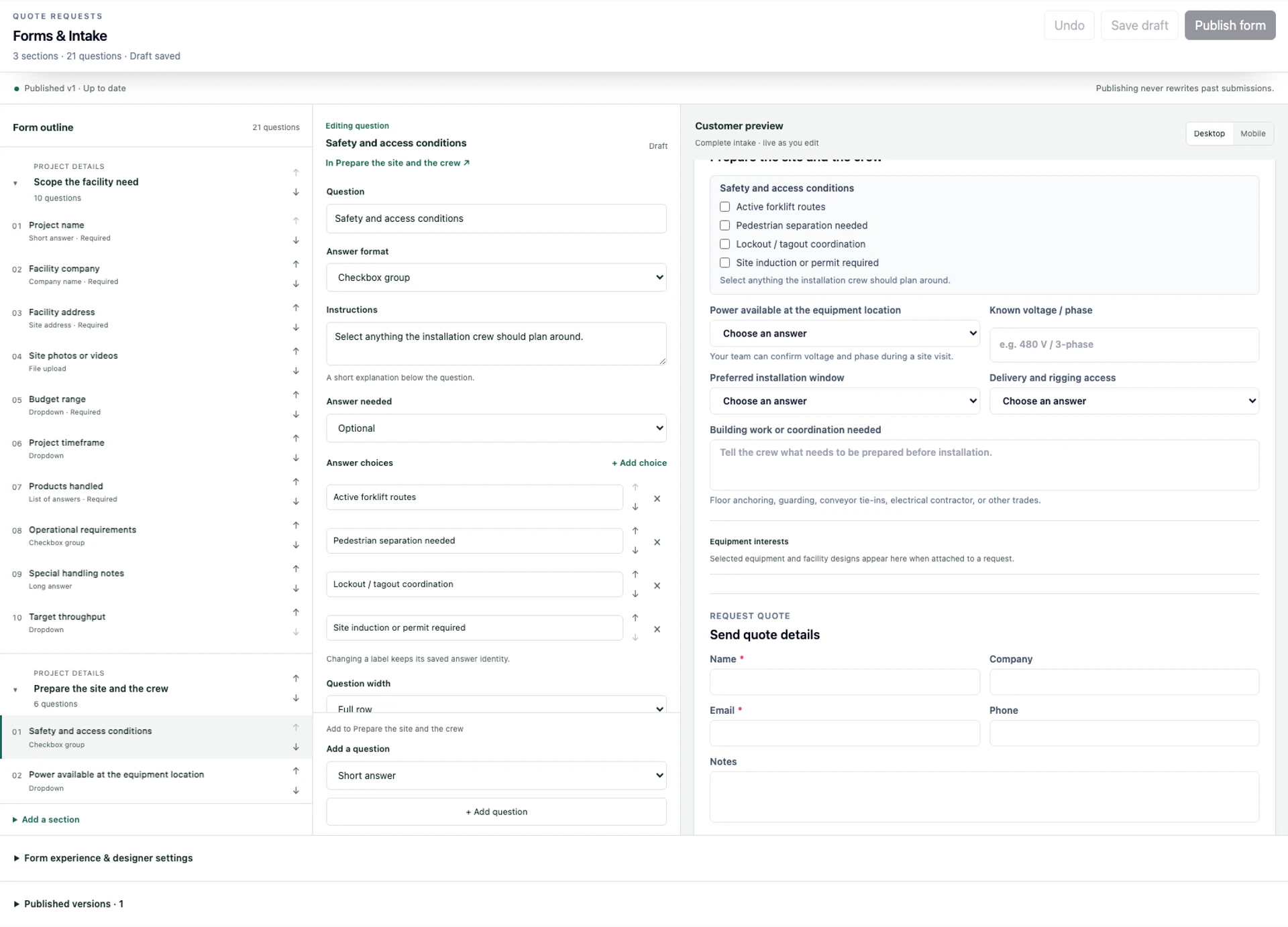 Actual OSPR intake editor with safety and access conditions selected and electrical and installation questions in the form outline.