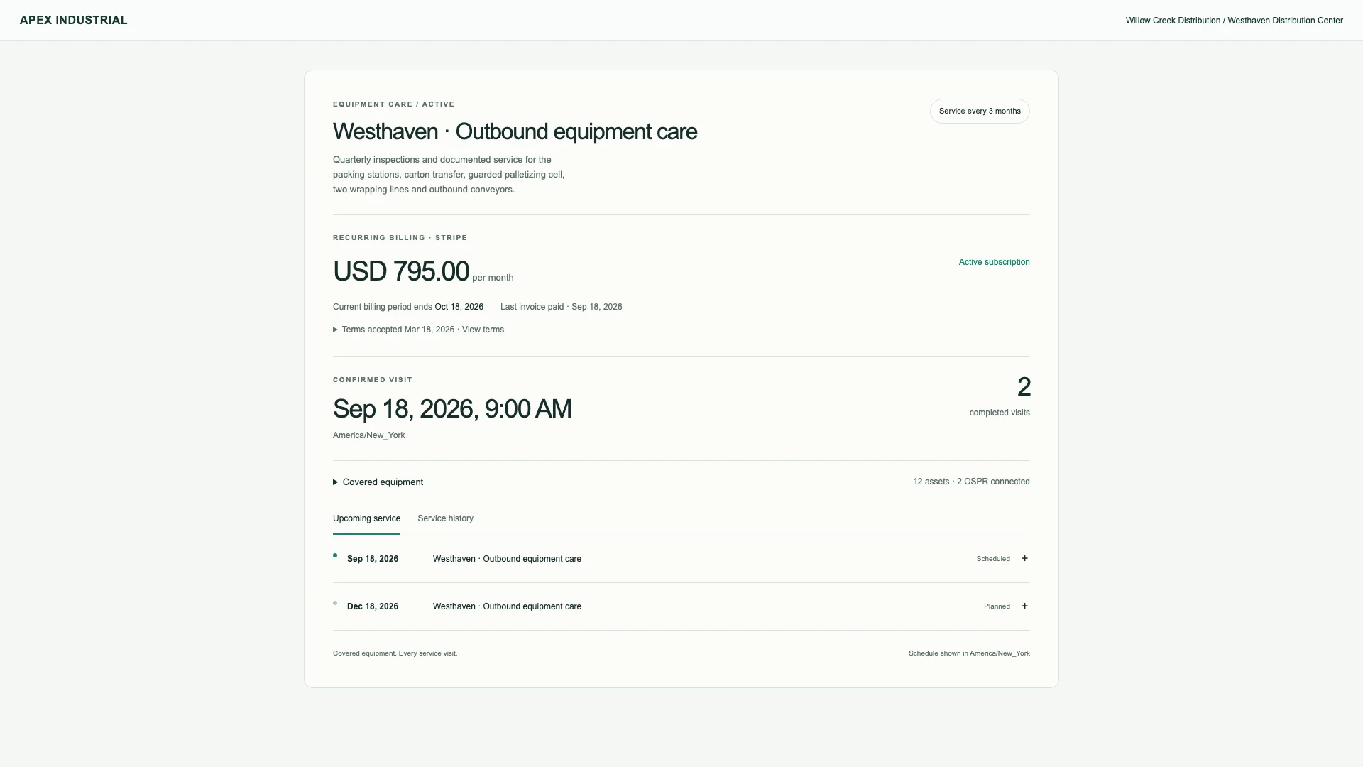 Actual service-plan interface showing an accepted subscription, Stripe billing status and upcoming maintenance.