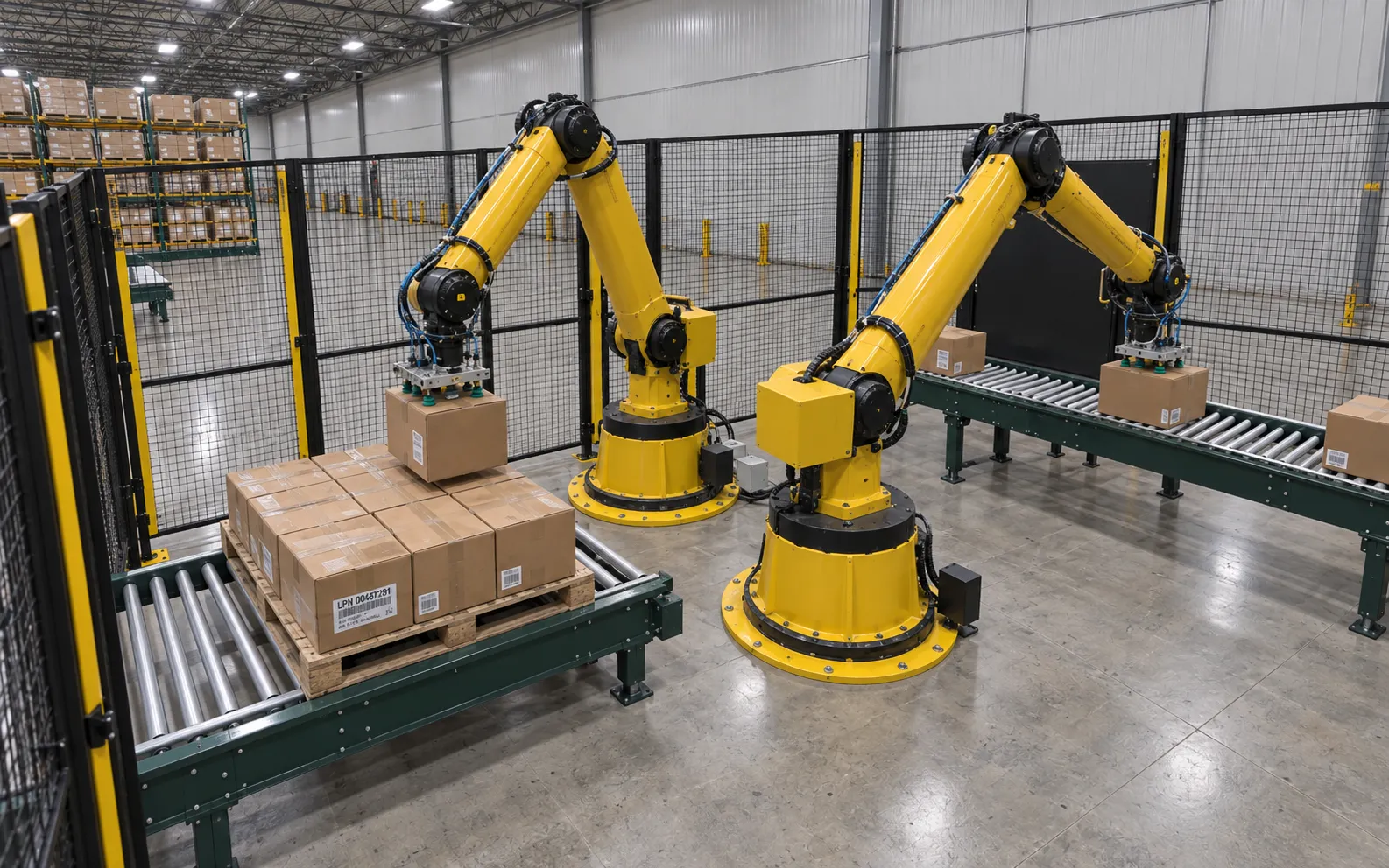 One lens of a four-camera device inside the fenced cell looking at two robotic arms assembling the labeled pallet on a low roller conveyor.