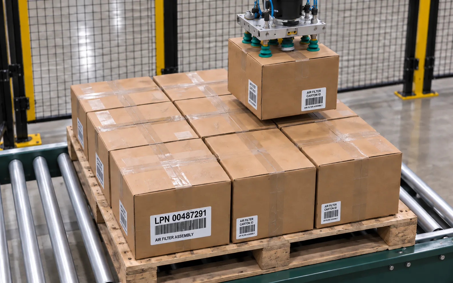 Tighter varifocal view from the same cell-mounted device, showing the pallet ID label and a cropped gripper placing a carton onto the pallet.