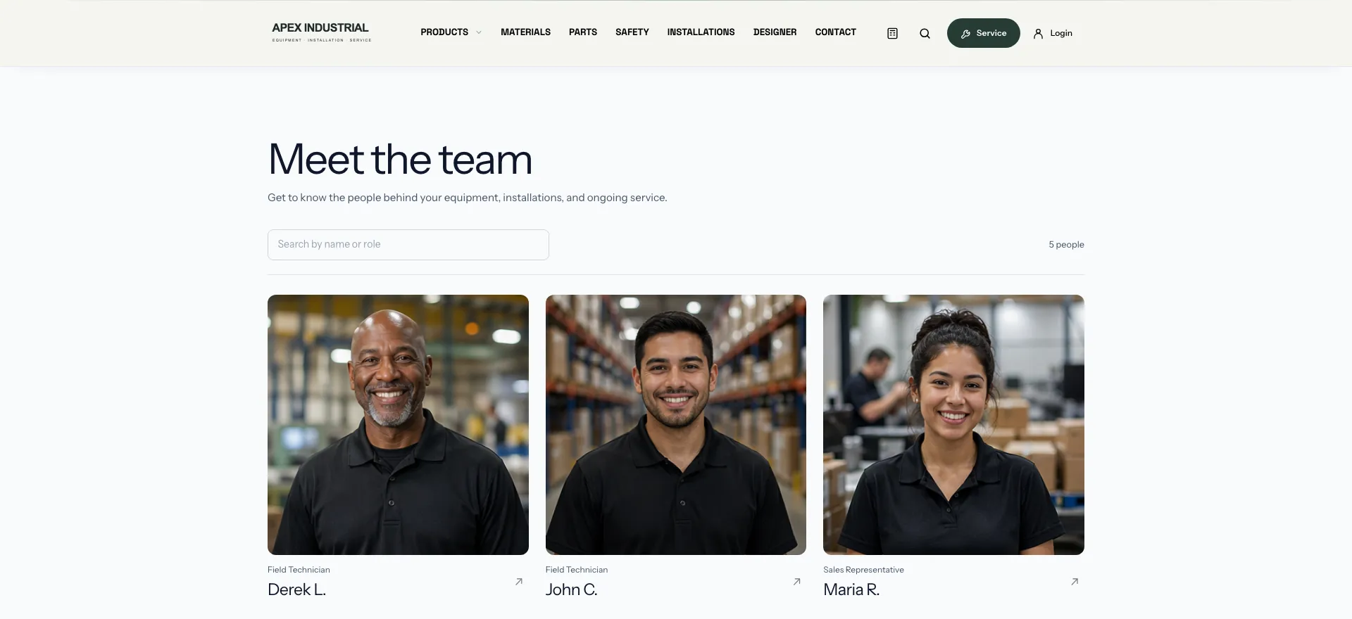 Actual OSPR-powered provider team directory introducing the people and roles behind the equipment and service business.