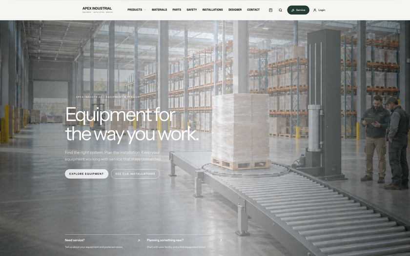 Apex Industrial demonstration website with equipment, installation, quote, service, and customer login options