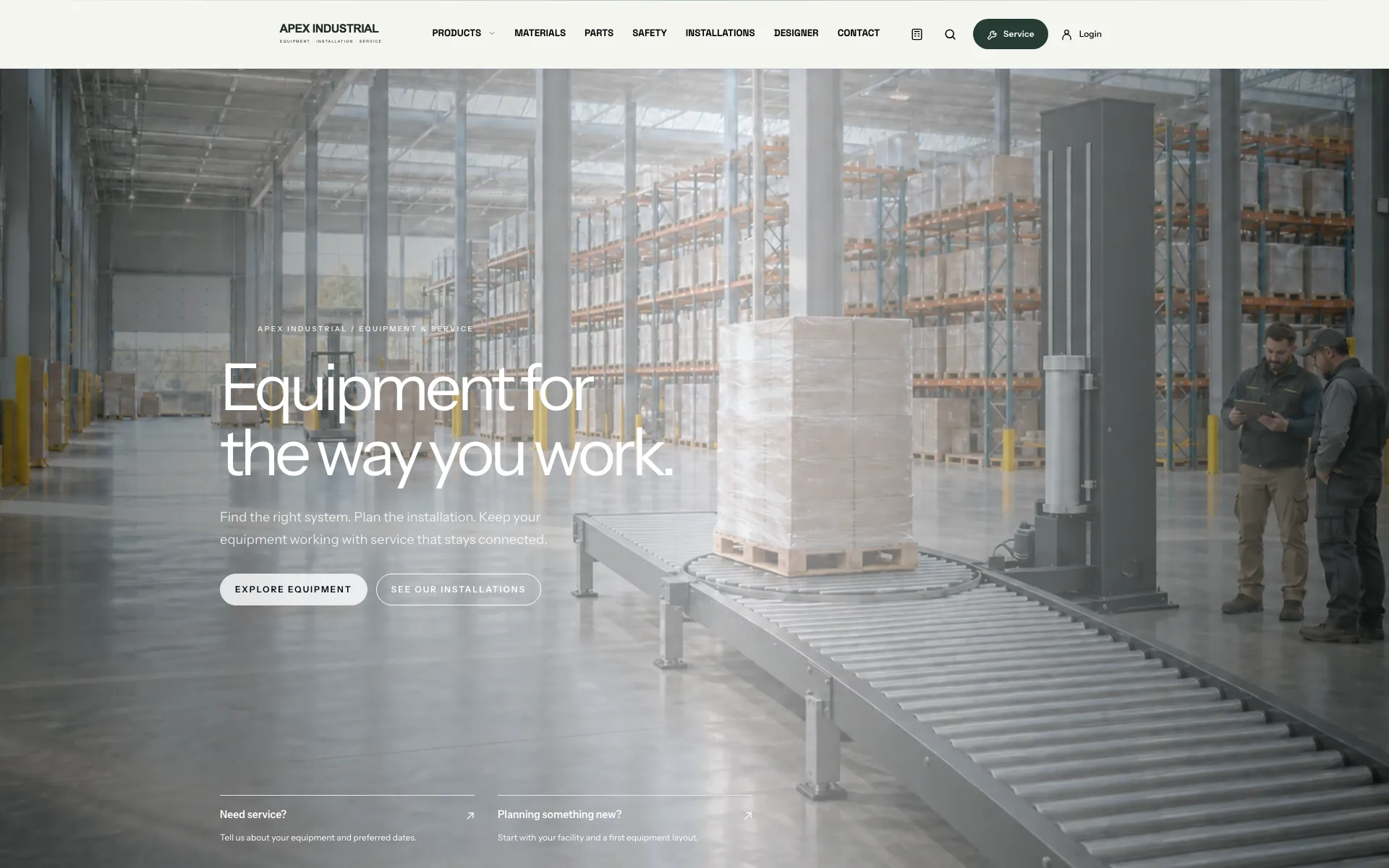 The actual Apex Industrial demo website with equipment, installation, quote, service and customer-login entry points.