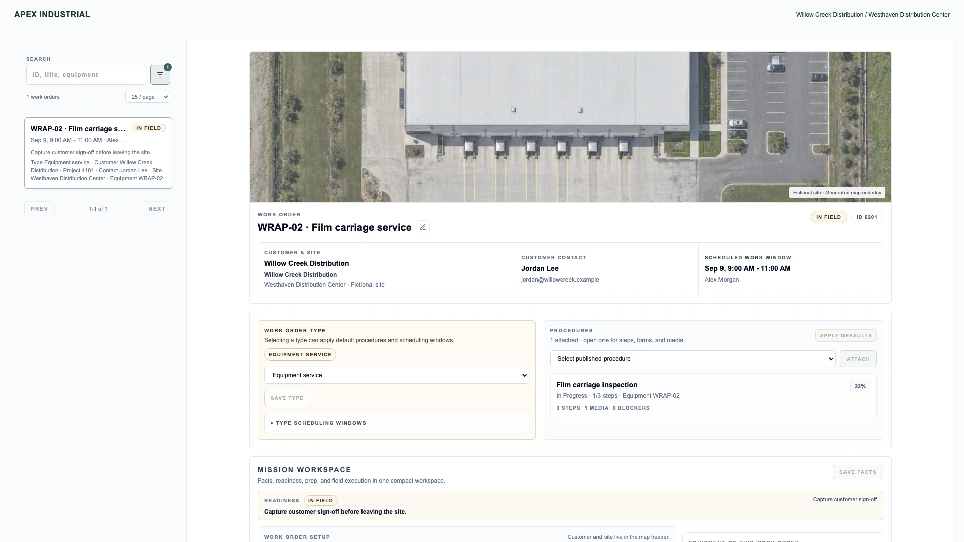 OSPR service work order for an equipment inspection after installation.