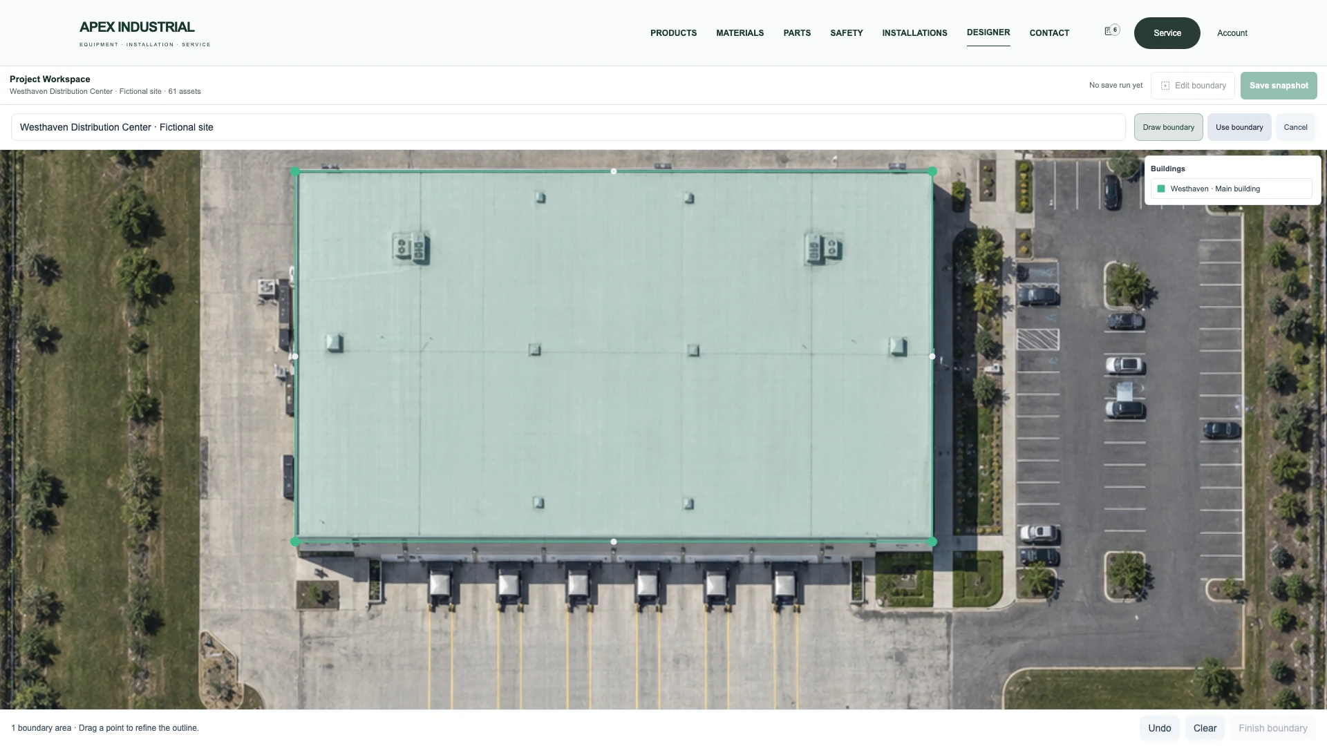 OSPR boundary editor with the warehouse footprint aligned to its map underlay.
