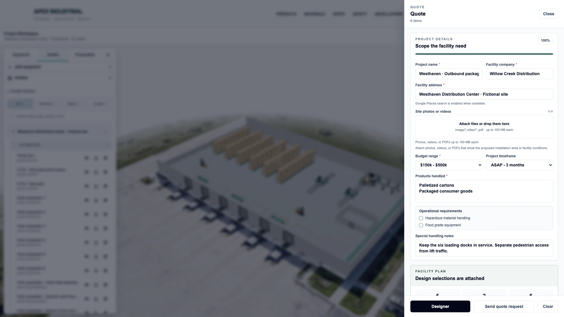 OSPR quote-request drawer over the preliminary designer, with customer, equipment and site requirements.
