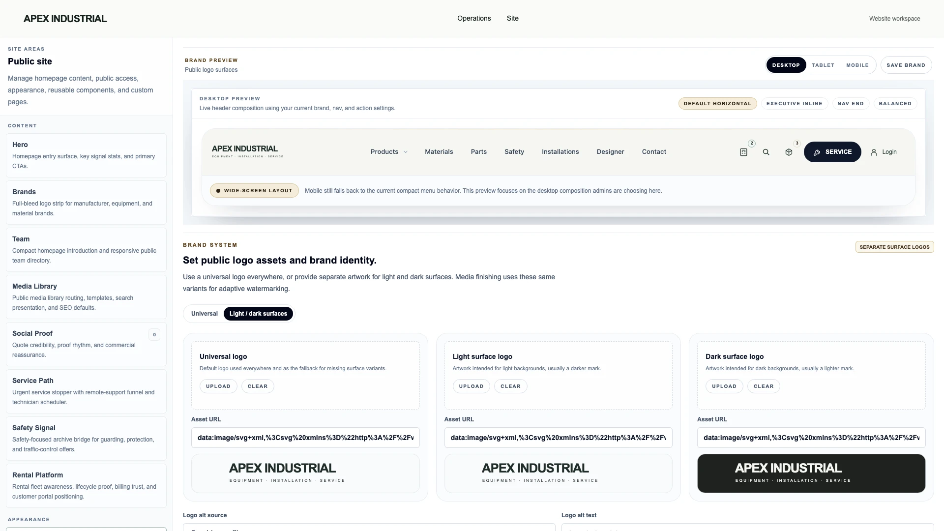 Actual OSPR brand settings with separate light and dark logos and a branded navigation preview.