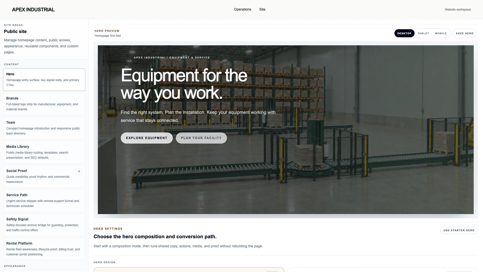 Actual OSPR site editor with Apex Industrial homepage settings, an installation preview and desktop, tablet and mobile preview controls.