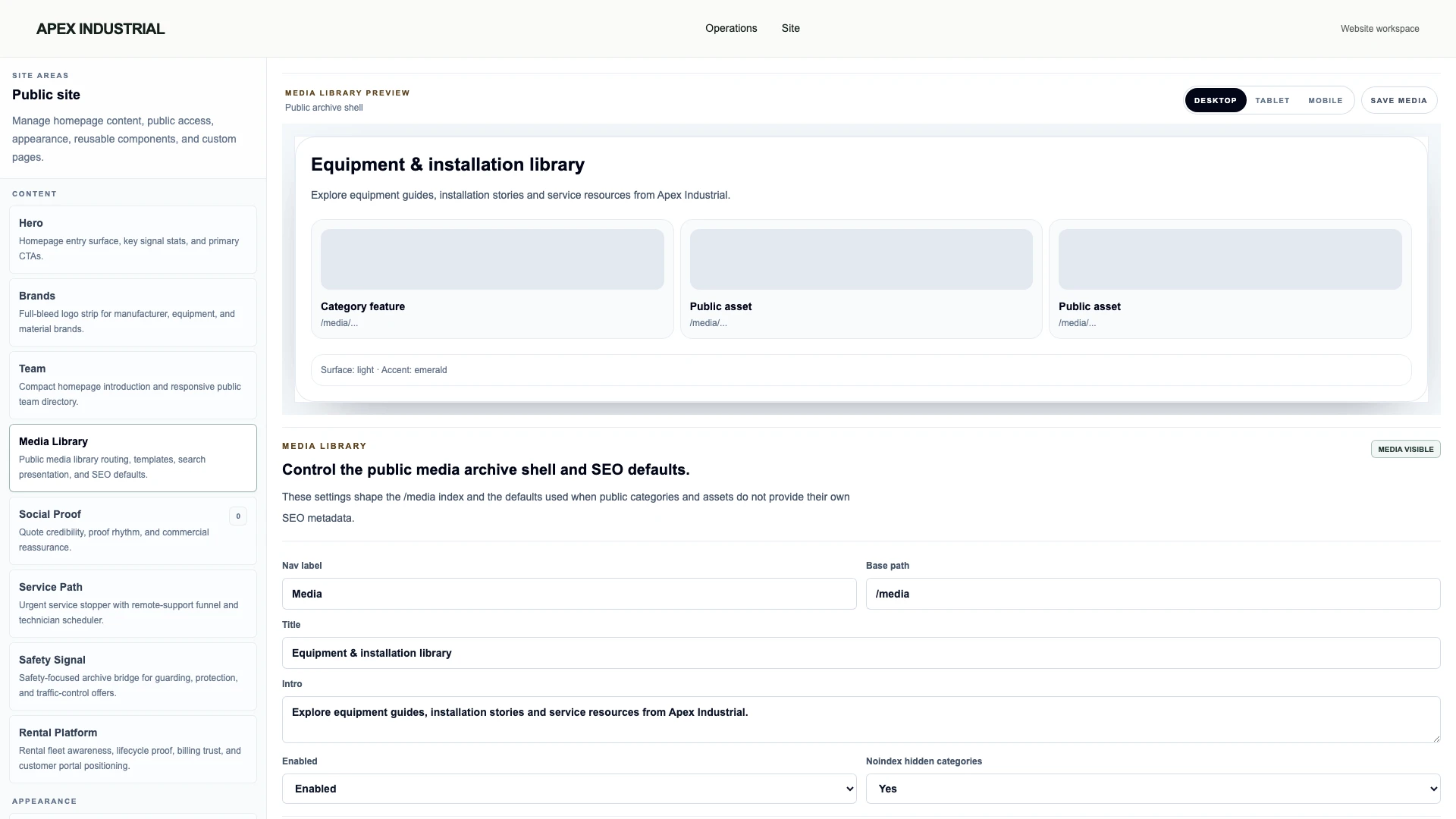 Actual OSPR media-library settings and archive-shell preview with placeholder asset cards.