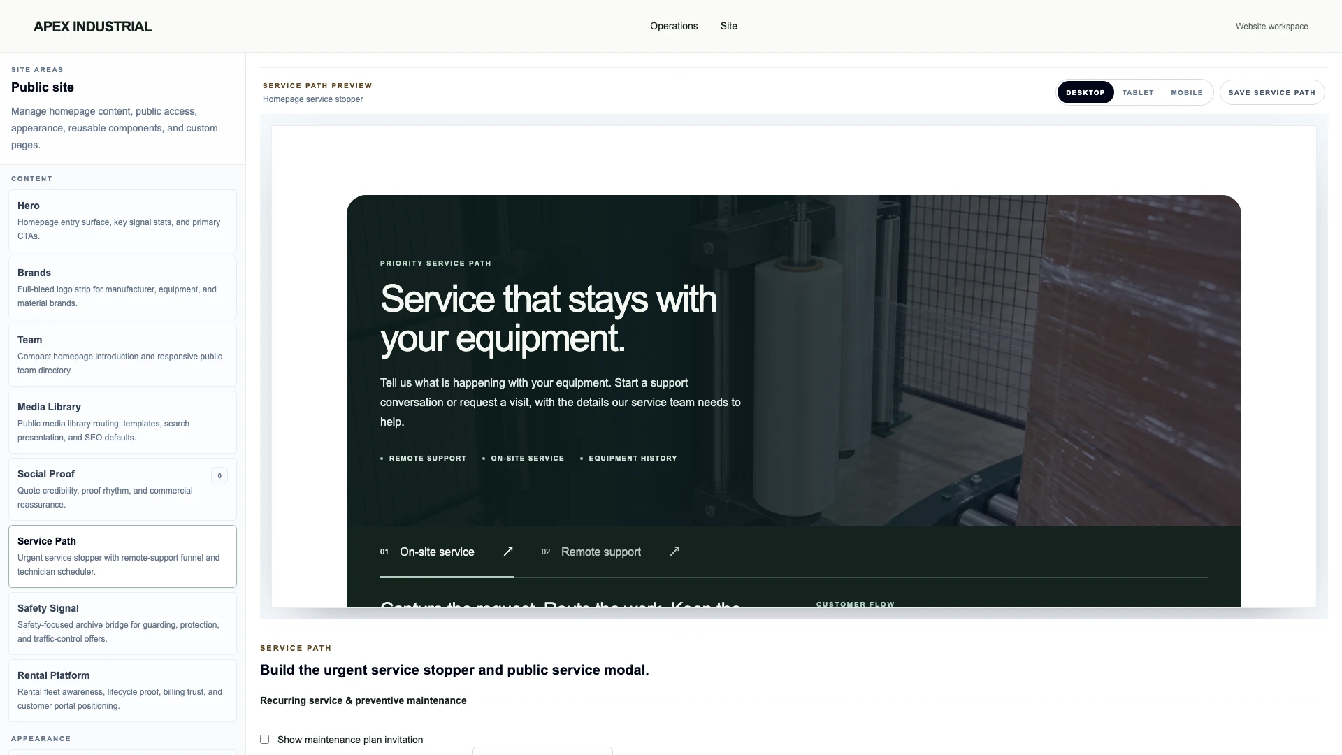 Actual OSPR service-path settings alongside an Apex Industrial service-page preview.