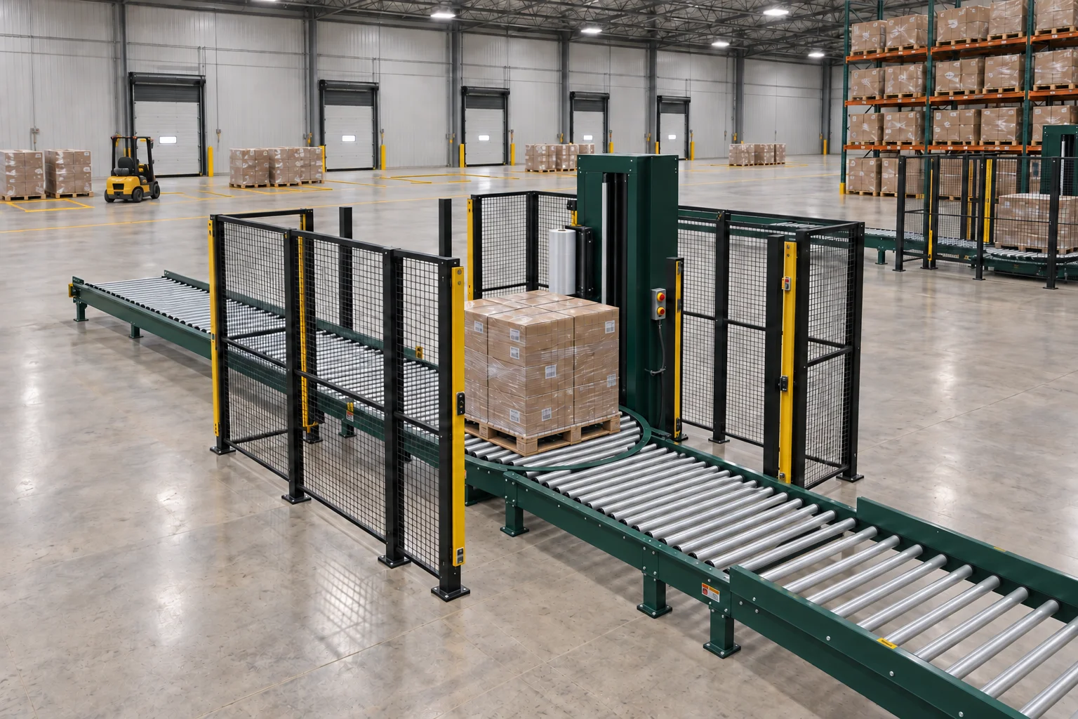 Illustrative pallet-wrapping installation with connected conveyors in an industrial facility.