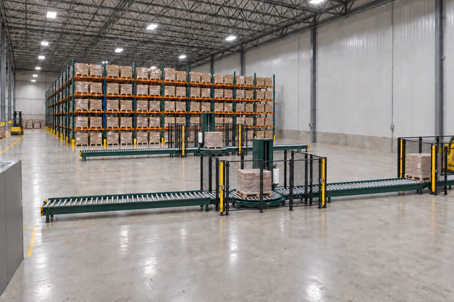 Illustrative industrial installation with conveyors, wrapping equipment and pallet storage.