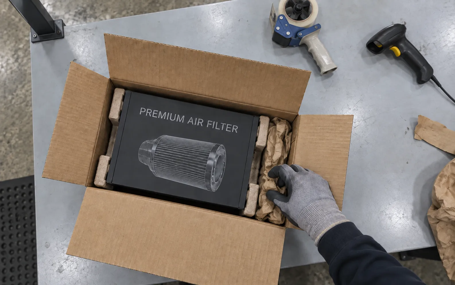 Straight-down overhead camera view into an open shipping carton containing a charcoal premium air filter product box in fitted protective packaging.